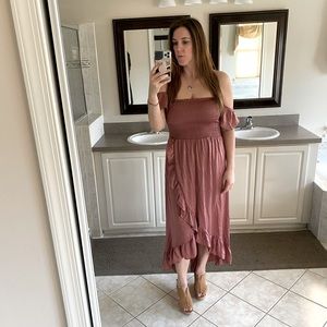 Off the shoulder mauve high low dress